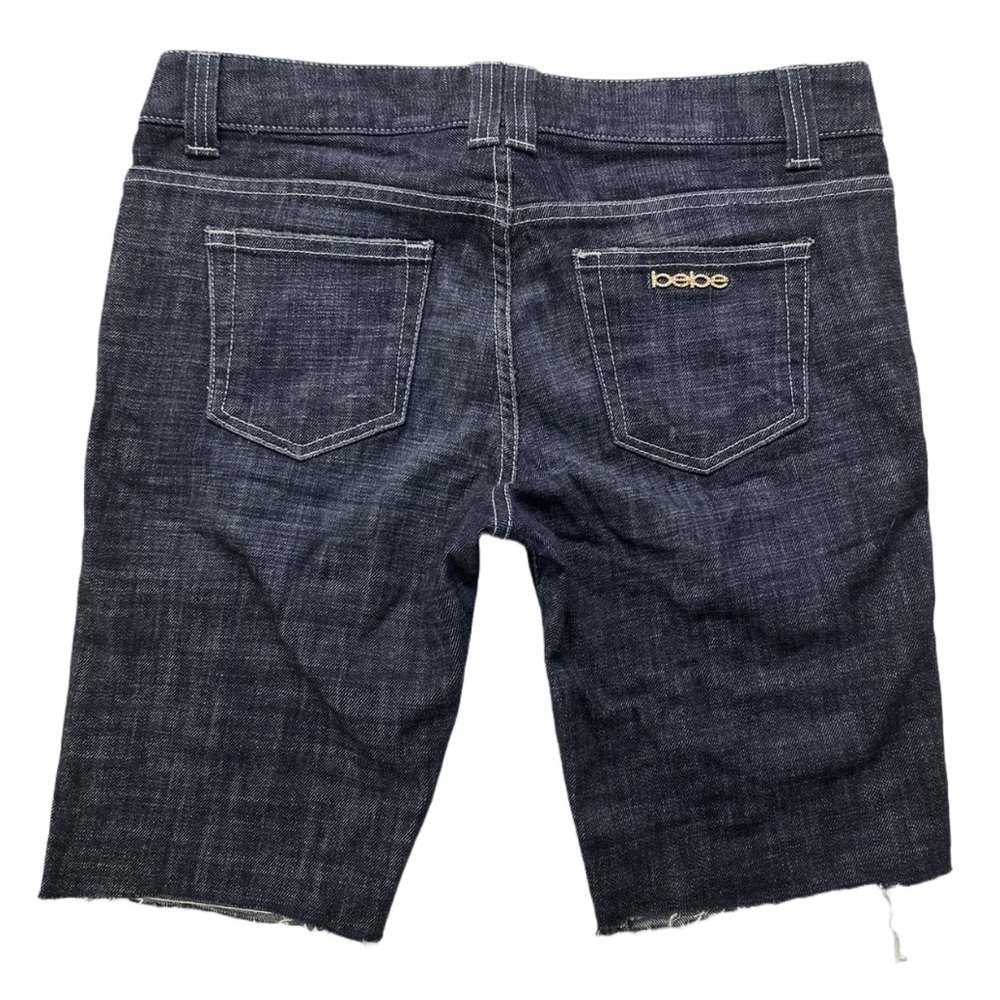 Y2K BEBE women's dark wash lowrise slim shorts + gold hardware, 31.